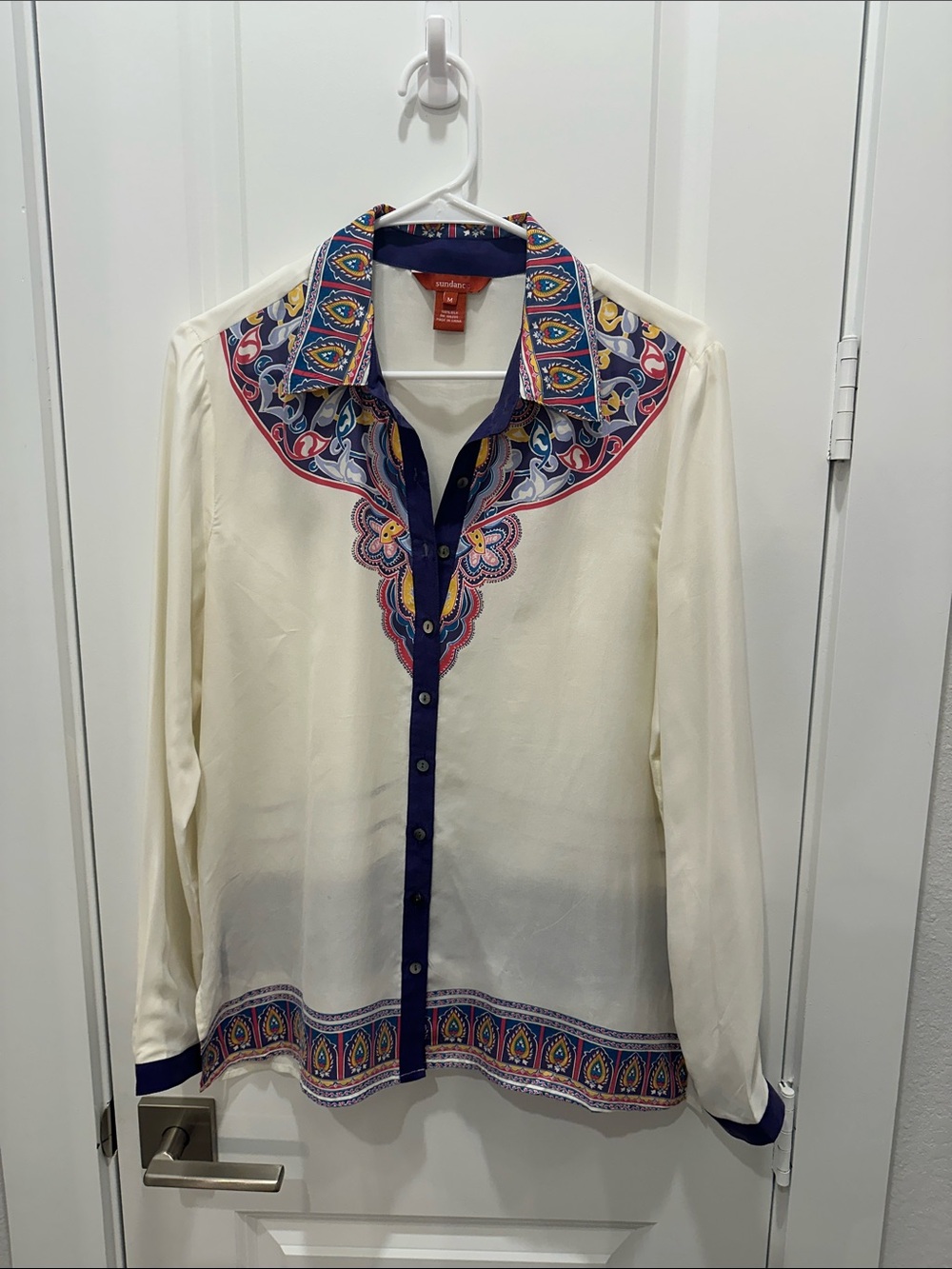 Sundance Cream Silk Shirt w/Navy Trim & Multicolor Paisley Border Print Accents